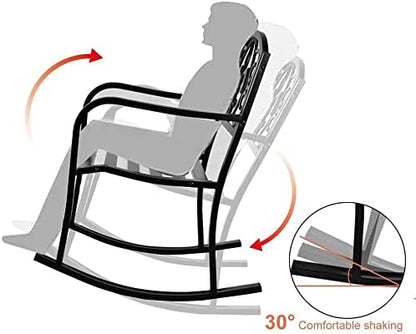Grepatio Outdoor Patio Rocking Chair Set of 2, Wrought Cast Iron Furniture Chair Metal Rocking Seat Chairs for for Deck, Backyard or Garden w/Scroll Design (Black-2Pcs)