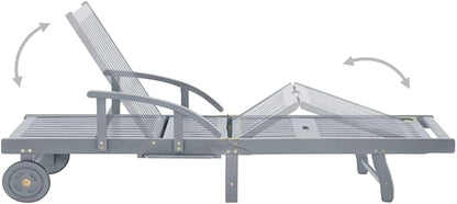 Solid Acacia Wood Gray Sunlounger 78.7x26.8x34 in with Adjustable Backrest & Wheels, Modern Outdoor Patio Chaise Lounge for Poolside Garden Terrace Balcony