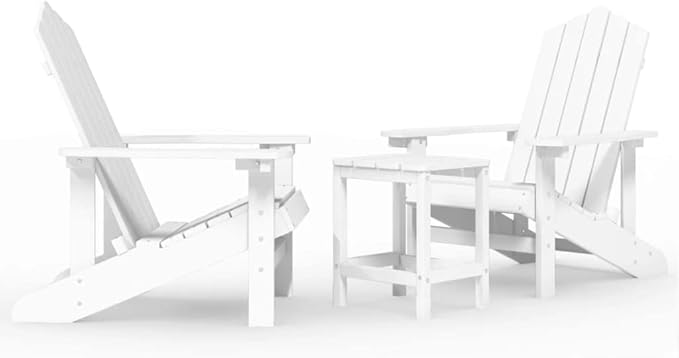 White Adirondack Garden Chair Set 2 Chairs 1 Table HDPE Weather-Resistant Foldable Patio Furniture 32.7 x 28.7 x 18.1 in for Balcony Porch Poolside Lawn