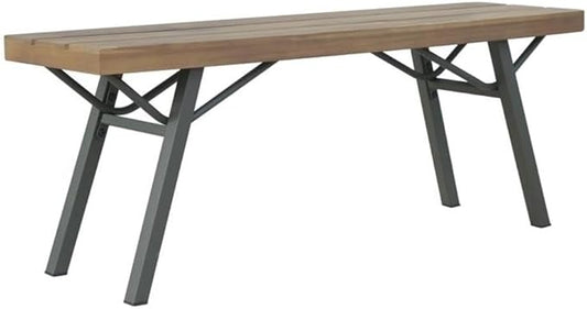 BOWERY HILL 47.2" Solid Acacia Wood and Steel Garden Bench, Brown and Gray Oiled Finish, Rectangular Outdoor Bench, Weather-Resistant Patio Seating for Garden, Terrace, or Balcony, Seats 2 Adults