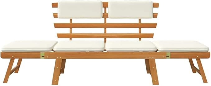 2-in-1 Convertible Solid Acacia Wood Bench and Sun Lounger with Removable Cushions, Light Brown and Cream Outdoor Furniture for Garden Patio Sunroom Relaxation