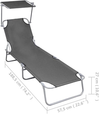Gray Folding Sunlounger, 74.2" Aluminum Chaise w/Adjustable Backrest, UV Resilient Poolside Recliner, 22.6" Wide Lightweight Reclining Outdoor Chair for Patio, Garden, Beach Use