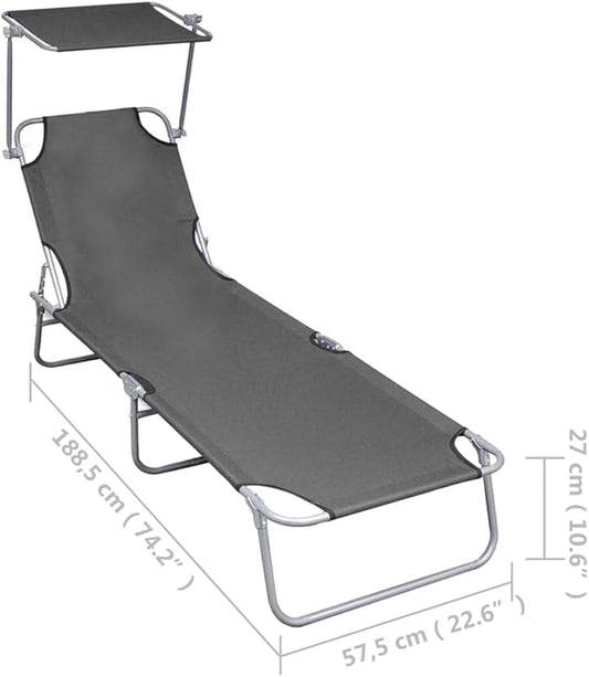 Folding Gray Aluminum Sunlounger 74"x23" UV-Resilient Outdoor Chaise for Patio Poolside Beach Balcony Garden No Assembly Required