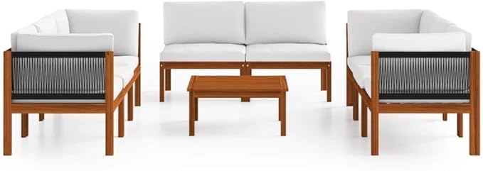 9-Piece Acacia Wood Garden Lounge Set with Polyester Cushions, Modular Outdoor Patio Furniture for 8 People, Rustic Weather-Resistant Balcony Terrace Seating