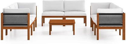 9-Piece Acacia Wood Garden Lounge Set with Polyester Cushions, Modular Outdoor Patio Furniture for 8 People, Rustic Weather-Resistant Balcony Terrace Seating