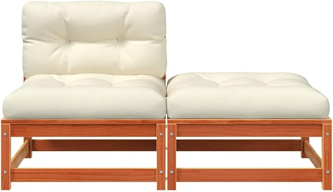 Rustic Modular Garden Sofa with Footstool, Solid Pine Wood Construction, Warm Wax Brown Finish, Plush Oxford Fabric Cushions, Water-Resistant & Easy