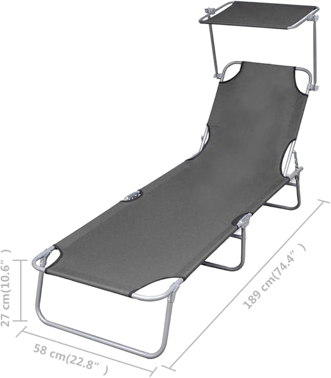 Folding Sunlounger Grey 74.4"x22.8" Powder-Coated Steel Frame Portable Outdoor Chaise Lounge with Adjustable Backrest for Garden Patio Poolside Beach