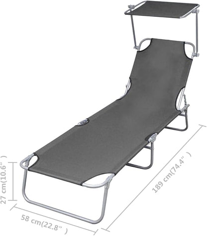 Folding Sunlounger Grey 74.4"x22.8" Powder-Coated Steel Frame Portable Outdoor Chaise Lounge with Adjustable Backrest for Garden Patio Poolside Beach