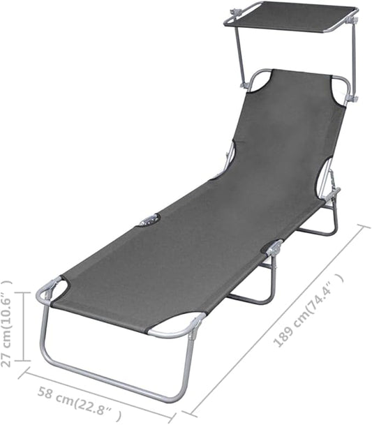 Folding Sunlounger Grey 74.4"x22.8" Powder-Coated Steel Frame Portable Outdoor Chaise Lounge with Adjustable Backrest for Garden Patio Poolside Beach
