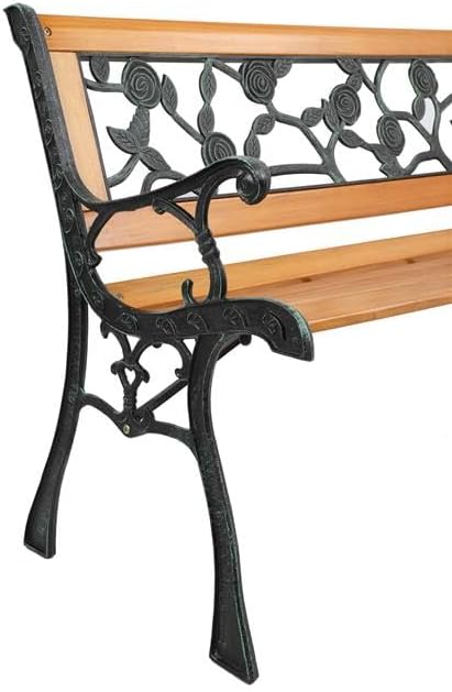 49" Outdoor Garden Bench, Patio Furniture Outdoor Chair with Hardwood Slats and Cast Iron Frame, Weather Proof 2-Person Outdoor Loveseat with Rose Style Back for Park, Porch, Pool, Backyard