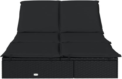 Outdoor Chaise Lounge Sunbed with Adjustable Armrests Black PE Rattan 2-Person Poolside Garden Furniture for Tanning Lounging