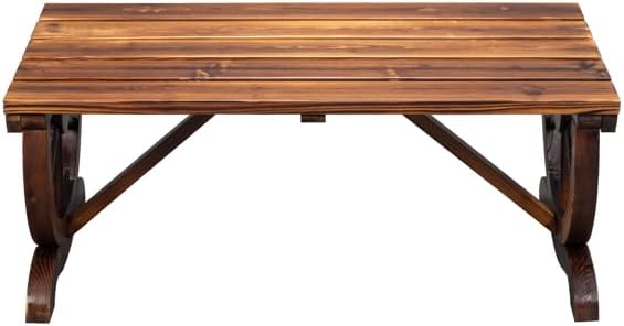 2-Person Rustic Wooden Garden Bench, Wagon Wheel Outdoor Chair for Patio, Backyard, Porch or Deck Seating, Farmhouse Burnt Wood Finish, Weather-Resistant, Country Style Furniture for Lawn Decor