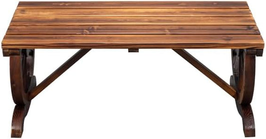 2-Person Rustic Wooden Garden Bench, Wagon Wheel Outdoor Chair for Patio, Backyard, Porch or Deck Seating, Farmhouse Burnt Wood Finish, Weather-Resistant, Country Style Furniture for Lawn Decor
