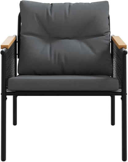 Set of 2 Outdoor Garden Chairs with Teak Wood Armrests, Modern Black Powder-Coated Metal Patio Seating, Comfortable Weather-Resistant Cushions, 29.1 L x 24.2 W x 27.6 H