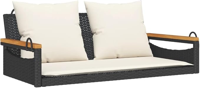 Black Poly Rattan Swing Bench with Removable Cushions, UV Resistant Outdoor Patio Furniture, Sturdy Metal Frame for Garden or Balcony, Comfortable Seating for Two