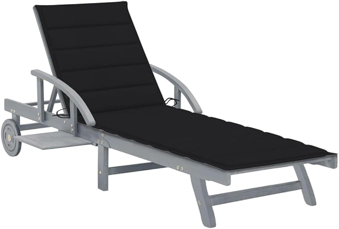Large Gray Acacia Wood Outdoor Chaise Lounge with Adjustable Backrest Pull-Out Side Table Wheels 78.7 x 26.8 x 33.9 in - Photo 1