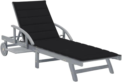 Large Gray Acacia Wood Outdoor Chaise Lounge with Adjustable Backrest Pull-Out Side Table Wheels 78.7 x 26.8 x 33.9 in for Patio Garden Poolside Balcony