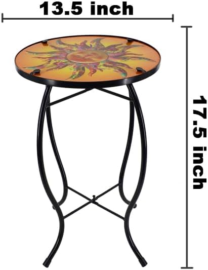 13.5 Inch Round The Sun Glass Side Table, Patio Small Table, Outdoor Side Table, Outdoor Bar Table, Metal Glass End Table for Porch Garden Patio Pool Living Room