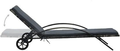 Sun Lounger with Cushion & Wheels Poly Rattan Anthracite,Outdoor Chaise Lounge Chair for Beach, Sunbathing, Patio, Pool, Lawn, Deck, Lay Flat Portable Lightweight