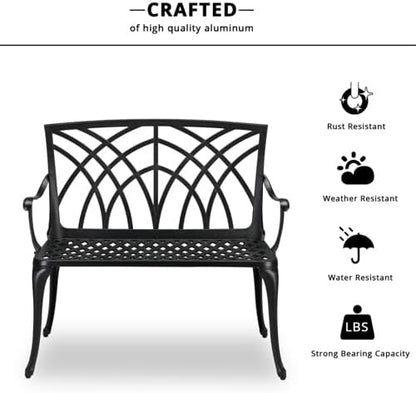 38" Outdoor Garden Bench, Patio Furniture Outdoor Chair with Aluminum Frame, Weather Proof Patio Park Bench with Orchid Backrest for Park, Porch, Pool, Backyard