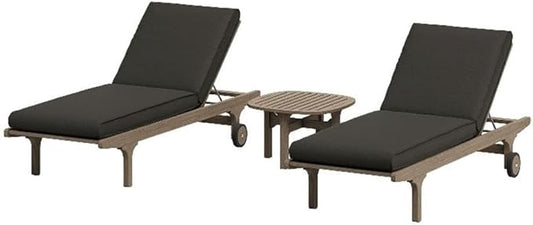 Modway Saratoga Teak Wood Set of 2 Chaise Lounge Chairs and Side Table in Flint Gray - 3-Piece Outdoor Furniture Set