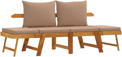 Taupe Solid Acacia Wood Garden Bench with Removable Cushions, Convertible Daybed, Adjustable Armrests, Weather Resistant Outdoor Furniture for Patio