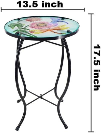 Round Dragonfly Glass Side Table, Patio Small Table, Outdoor Side Table, Outdoor Bar Table, Metal Glass End Table for Porch Garden Patio Pool Living Room