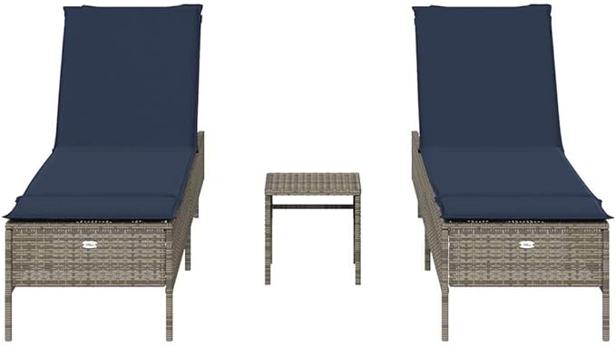 3-Piece Patio Sun Lounger Set with Side Table, Extra Long Adjustable Reclining Pool Chaise Lounge Chairs, Weather-Resistant PE Rattan for Garden, Backyard, Poolside, Grey