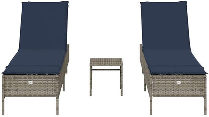 3-Piece Patio Sun Lounger Set with Side Table, Extra Long Adjustable Reclining Pool Chaise Lounge Chairs, Weather-Resistant PE Rattan for Garden, Backyard, Poolside, Grey