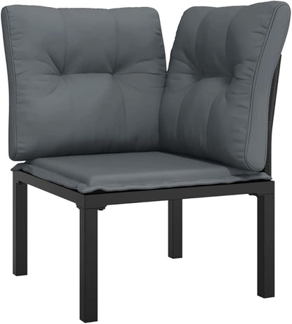 Black Poly Rattan Corner Chair 24.4" Modular Outdoor Seating with Cushions, Compact Balcony or Patio Furniture Piece, Powder-Coated Frame for Garden, Apartment or Porch