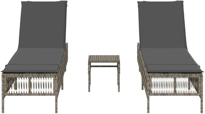 Sun Lounger Set of 3 Grey PE Rattan Standard with Adjustable Backrest and Removable Cushion Covers, Two Loungers and Side Table for Outdoor Patio Poolside Relaxation