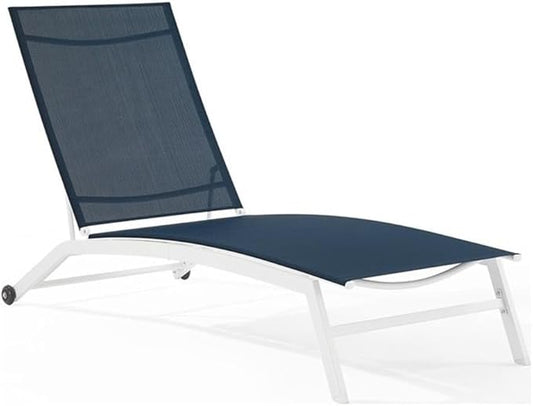 Pemberly Row Contemporary Outdoor Chaise Lounge, Navy Textilene Sling Fabric, White Powder-Coated Steel Frame, Adjustable Reclining Backrest, Weather-Resistant Patio Furniture with Wheels for Mobility