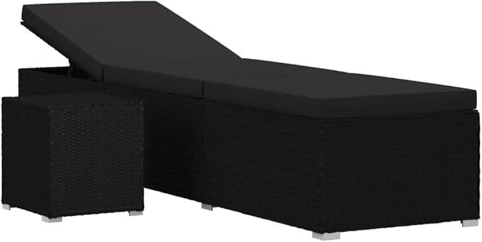 Sun Lounger with Cushion and Tea Table,Lounge Chair,Pool Chairs,Outdoor Chaise,Pool Furniture,Weather-Resistant,Easy to Maintain,Both Sides of Sunlounger Adjustable, Poly Rattan Black