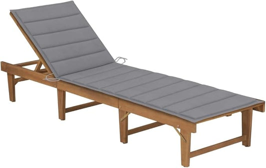 Outdoor Sun Lounger, Foldable Acacia Wood Recliner Chair with Cushioned Seat, Adjustable Backrest, Portable Patio Garden Lounge Bed for Deck, Poolside, Grey