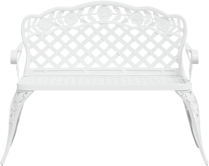 42.5" White Cast Aluminum Patio Bench with Floral Scrollwork, Weather-Resistant Outdoor Garden Bench for Porch Deck Backyard, Sturdy Metal Patio Furniture
