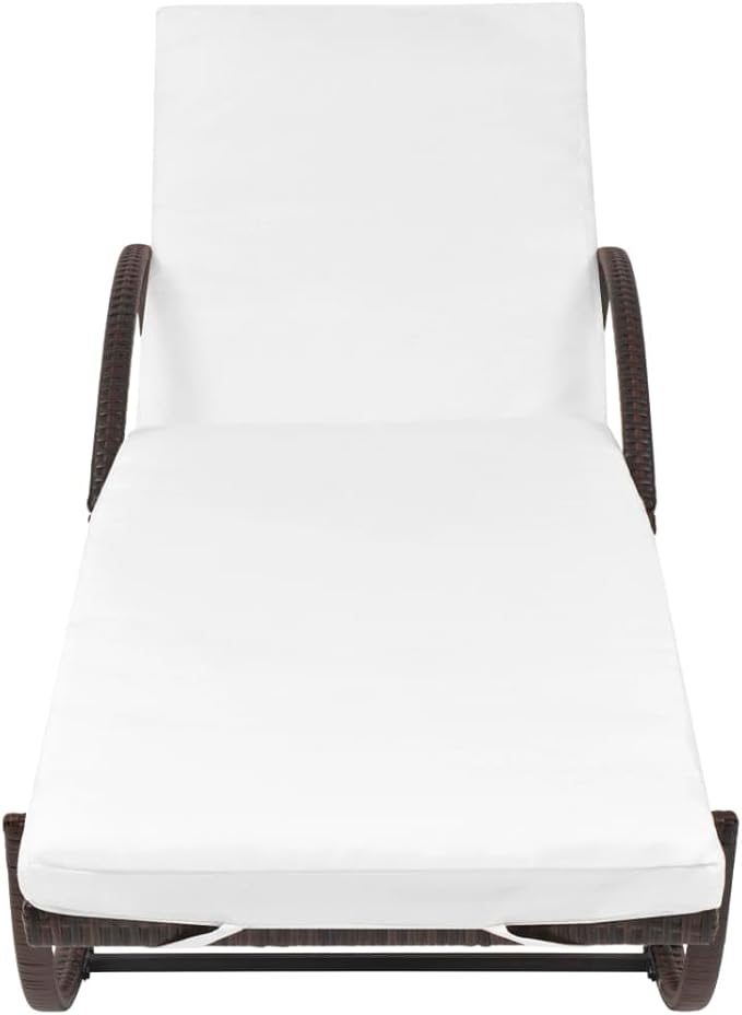 Brown Rattan Outdoor Lounger 76x25x22 in with Cream Cushion, Adjustable Armrest for Patio Poolside Garden Sunbathing