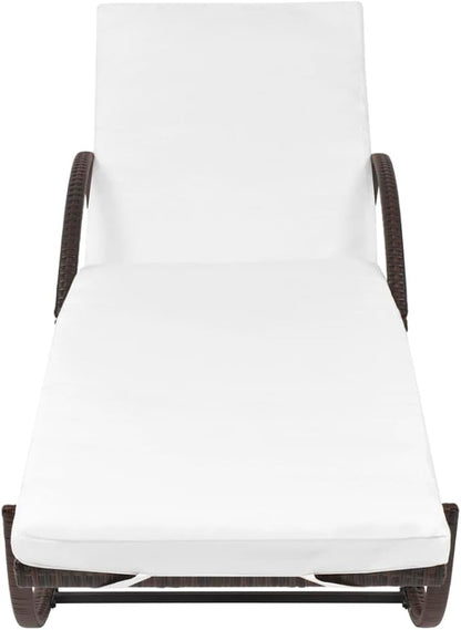 Brown Rattan Outdoor Lounger 76x25x22 in with Cream Cushion, Adjustable Armrest for Patio Poolside Garden Sunbathing