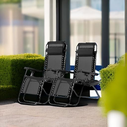 PayLessHere Lounge Chair Set of 2 Adjustable Zero Gravity Chair Beach Chair Folding Lawn Patio Chair with Removable Pillow and Cup Holder for Poolside Backyard Lawn Beach,Black