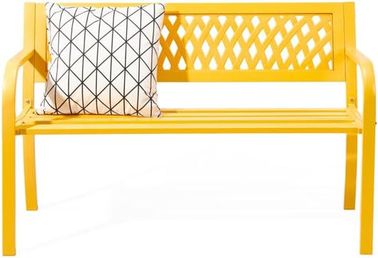 Patio Outdoor Park Loveseat Bench for Garden Porch Deck Made Cast Iron Anti-Rust Aluminum Metal, 2-3 Seater Aluminium Steel (Yellow Mesh)
