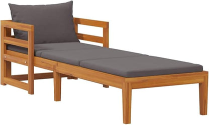 Sun Lounger with Dark Grey Cushion and Solid Acacia Wood Frame Adjustable Armrests Weather Resistant Polyester Cushion for Outdoor Poolside Garden Balcony Relaxation