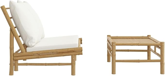 2-Piece Garden Lounge Set with Cream White Cushions, Lightweight Bamboo Bench and Coffee Table for Outdoor Patio - Photo 4