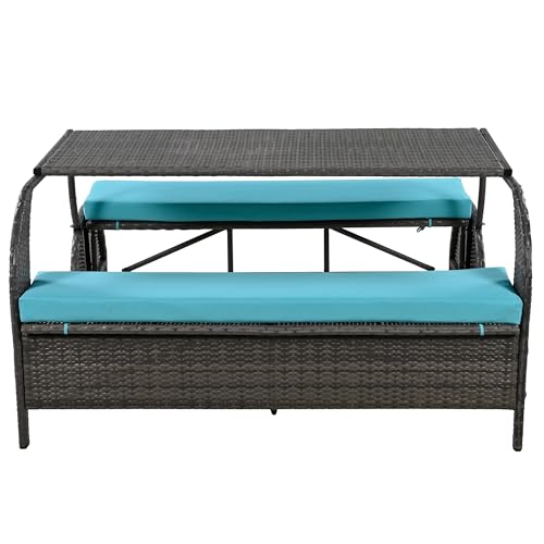 2 in 1 Convertible Picnic Upholstered Bench Table,57.1" Outdoor Loveseat,Portable Picnic Table Couch,Convertible to 4 Seats1 Table,for Garden,Lawn,Backyard,Porch,Patio