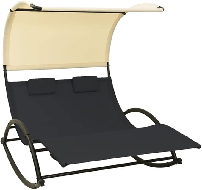 Large Double Sun Lounger Outdoor Chaise Lounge 71"x55"x67" Textilene Rocking Patio Pool Tanning Chair with Canopy & Two Pillows for Garden, Terrace and Poolside