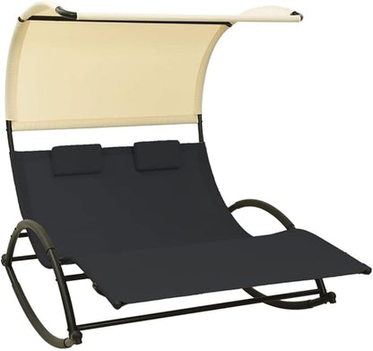 Large Double Sun Lounger Outdoor Chaise Lounge 71"x55"x67" Textilene Rocking Patio Pool Tanning Chair with Canopy & Two Pillows for Garden, Terrace and Poolside