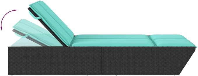 Outdoor Double Chaise Lounge with Turquoise Cushions, 4-Position Adjustable PE Rattan Backrest - Photo 7