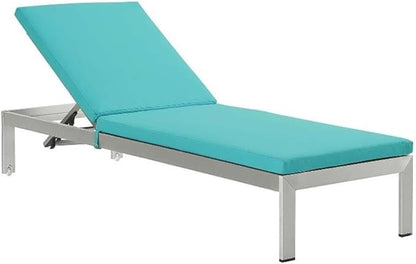 Modway Shore Aluminum Outdoor Patio Chaise Poolside Lounge Chair with Cushion in Silver Turquoise