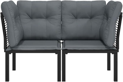 Black Poly Rattan Corner Chair 24.4" Modular Outdoor Seating with Cushions, Compact Balcony or Patio Furniture Piece, Powder-Coated Frame for Garden, Apartment or Porch