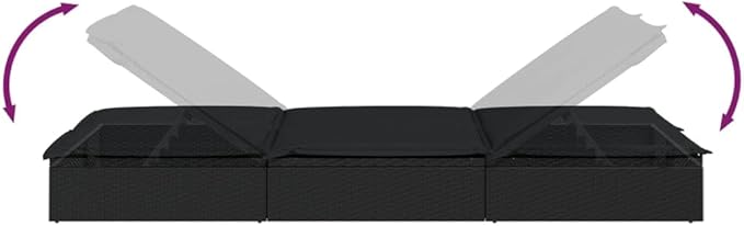 Outdoor Chaise Lounge Sunbed with Adjustable Armrests Black PE Rattan 2-Person Poolside Garden Furniture for Tanning - Photo 9