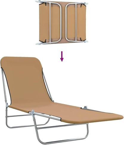 Folding Taupe Sunlounger, Set of 2, 71.7"x22", Steel Frame, Oxford Fabric, Adjustable Backrest & Armrest, 265 lb, Patio Pool Garden