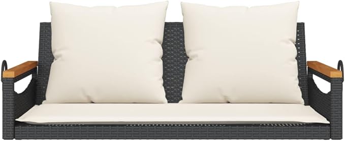 2-Seat Garden Swing Bench Black Poly Rattan 42.9 x 24.4 in Modern Outdoor Patio Furniture with Removable Cushions for Porch Balcony Backyard